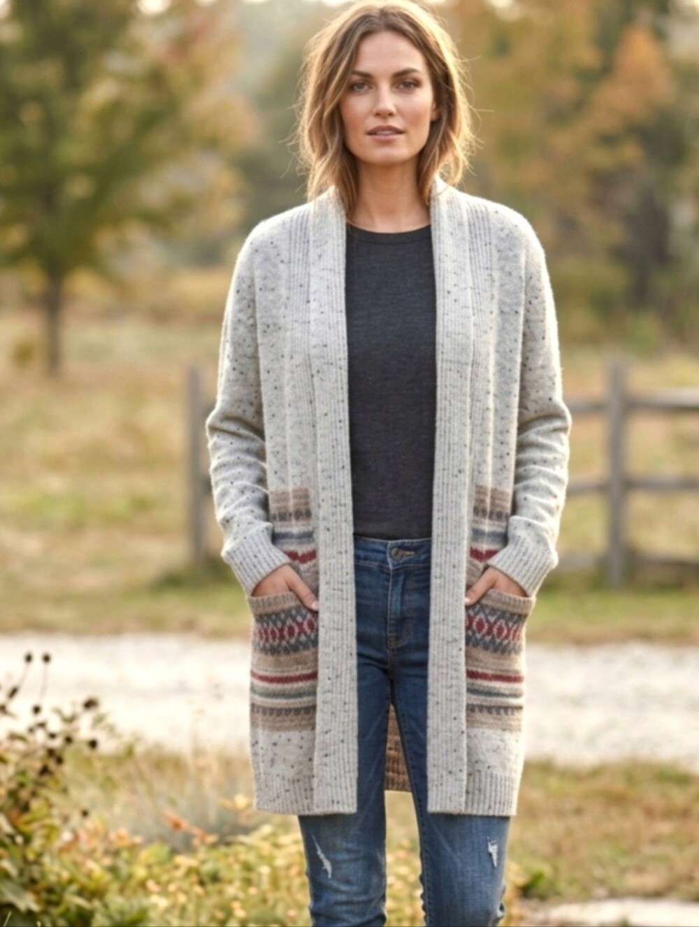 Cupcakes and Cashmere Marled Open Front Fair Isle Pocket Cardigan Medium